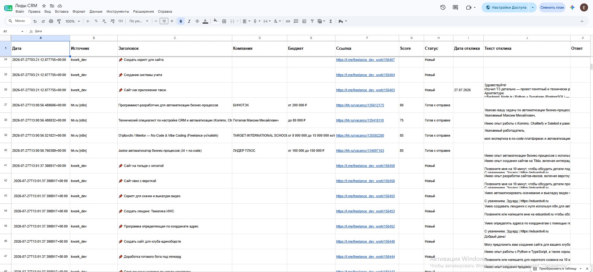 Google Sheets с лидами